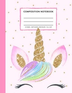 a pink notebook with a unicorn's face and gold glitters on the cover