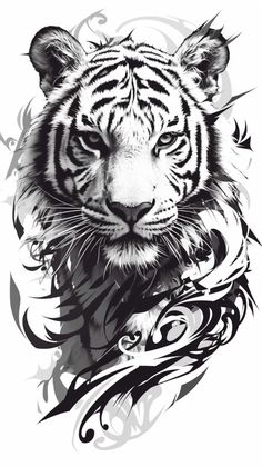 a tiger's face with black and white ink