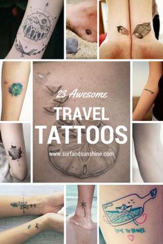 many different tattoos are shown on the legs and ankles, with words above them that read 29 awesome travel tattoos