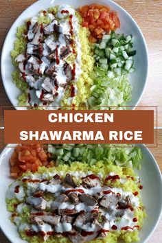 chicken shawarma rice on two plates with ranch dressing and lettuce in the middle