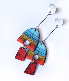 Double Jointed Earrings by Suzanne Anderson (Enamel & Silver Earrings) | Artful Home Jewelry Artwork, Sgraffito Technique, Paper Jewellery, Silver Smithing, Double Jointed, Gift Box With Ribbon, Box With Ribbon, Abstract Earrings, Paper Earrings