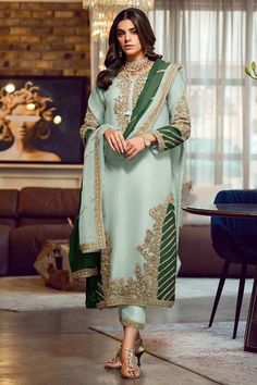 Buy Pista Green Embroidered With Embellished Georgette Pant Suit Set Online - KARMAPLACE Party Wear Salwar Kameez, Party Wear Salwar, Zari Work, Georgette Fabric, Salwar Kameez, Green Color, Party Wear, Thread, Green