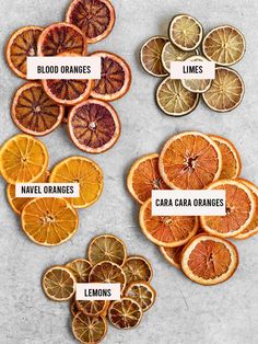 orange slices labeled with blood oranges, lemons, and carba caramel