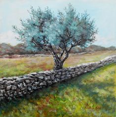 a painting of a tree by a stone wall in a field with green grass and blue sky