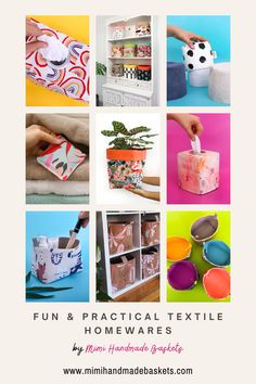 a collage of photos with the words fun and practical textile homewares on it