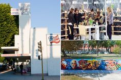 several pictures of people standing in front of a building with graffiti on the walls and outside