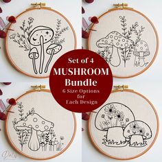 four embroidery hoops with mushrooms on them and the text set of 4 mushroom bundle 6 size options for each design