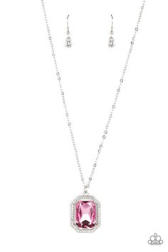 A dramatically oversized, emerald-cut pink gem shimmers as it swings from the bottom of a long silver chain. Dainty white rhinestones create an airy frame that wrap around the reflective centerpiece, scattering light in every direction in a blinding finish. Features an adjustable clasp closure.

 Sold as one individual necklace. Includes one pair of matching earrings. Pink Gem, Gem Necklace, Pink Necklace, Paparazzi Accessories, White Rhinestone, Pink Gemstones, Chic Jewelry, Paparazzi Jewelry, Pink Rhinestones