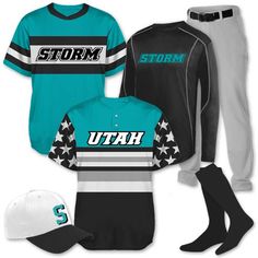 several baseball uniforms and hats are shown in this image, including one with the word storm written on it