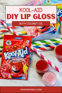 Make your own Kool-Aid lip gloss, lip gloss DIY recipes, and homemade lip scrub using coconut oil; make your own lip balm or lip gloss in just ten minutes! Homemade lip balm is a fantastic DIY gift idea with unlimited flavor and color options! Grade 7 Market Day Ideas, Diy Market Day Ideas For Kids, Girls Day Ideas For Kids, Kool Aid Lip Gloss, Lip Gloss Diy Recipes, Lip Gloss Tutorial, Kool Aid Packets, Lip Gloss Recipe, Gloss Diy