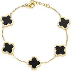 Clover Bracelet Legend Has It That The Clover Symbolizes Luck. The Probability Of Finding A Clover In A Pile Of Clovers Is One In 100,000, So Each Leaf Of The Clover Represents Health, Love, Wealth And Happiness. Wear It Every Day And Expect It To Bring You Good Luck. Product Information Length Is 6.41 Inches (16.3cm), Extension Chain Is 1.77 Inches (4.5cm), Made Of Titanium Steel, Hypoallergenic, Suitable For Most Skins, Lucky Clover Diameter Is 0.51 Inches (1.3cm) Adjustable Sizethis Lucky Clo Trendy Black Charm Bracelet For Party, Black Gold-plated Bracelets, Chic Black Round Jewelry, Elegant Black Stainless Steel Jewelry, Black Metal Bangle Charm Bracelet, Luxury Metal Bracelets With Black Enamel, Black Tarnish Resistant Bracelets As Gift, Elegant Black Charm Bracelet For Gift, Elegant Black Charm Bracelet For Party