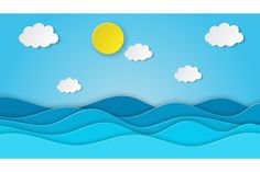 the sun and clouds are floating in the blue water, paper cut art style illustration