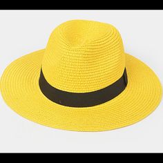 Yellow Classic Fedora Hat With Black Belt. Adjustable String For Sizing Yellow Panama Hat With Curved Brim For Spring, Yellow Curved Brim Panama Hat For Spring, Yellow Panama Fedora Hat For Spring, Casual Yellow Panama Hat With Short Brim, Casual Yellow Short Brim Panama Hat, Casual Yellow Sun Hat For Spring, Casual Yellow Hat For Spring, Classic Yellow Spring Hat, Adjustable Yellow Straw Hat For Summer