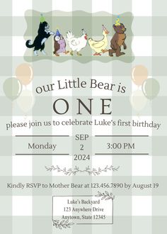 a little bear birthday party with balloons and animals on the front, in blue and white