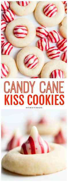 candy cane kiss cookies with white and red striped frosting on top, in the background