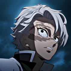 an anime character with white hair and blue eyes looking at the camera, in front of dark clouds