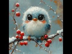 a painting of a bird sitting on a branch with berries