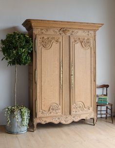 an antique armoire next to a potted plant