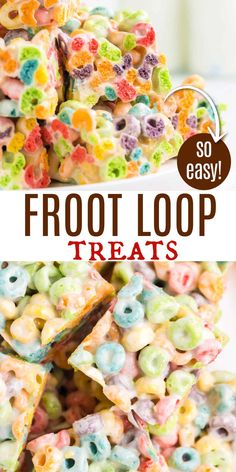 a close up of a plate of cereal treats with the words, frog loop treats