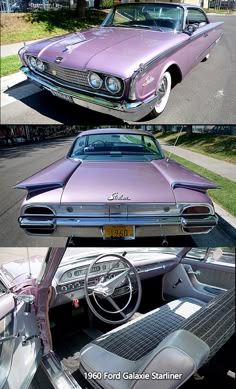 two pictures of an old purple car with chrome trims