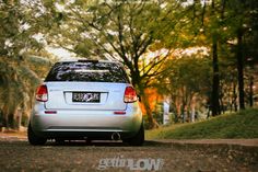 the back end of a silver car parked on a road in front of some trees