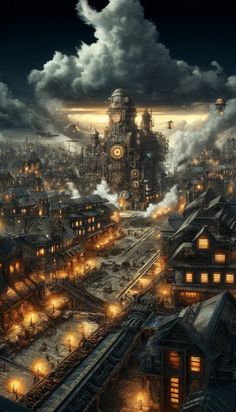 an image of a city at night with steam rising from the buildings and clock tower