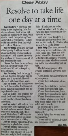 a newspaper clipping with the words, dear aby recover to take life one day at a time