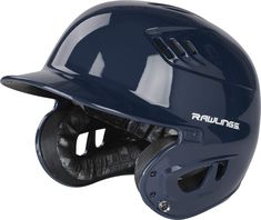 the rawlings baseball helmet is shown on a white background, and it's dark blue