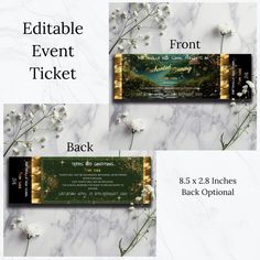 two tickets with white flowers on them and the words, editable event ticket back