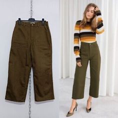 & Other Stories Army Green/Brown Utility Denim Pants High Waisted. Designed In Stockholm. Amazing Quality! Pants High Waisted, Green Brown, Green And Brown, Denim Pants, Army Green, Stockholm, Pant Jumpsuit, Wide Leg, Size 2