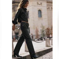 High Waist Straight Ankle Jeans Black 100% Cotton Sequin Pants For Workwear In Fall, Sequined Pants For Work In Fall, Zara Sequined Bottoms For Fall, Straight Ankle Jeans, Beaded Ankle, Zara Jeans, Ankle Jeans, Jeans Black, Zara Black