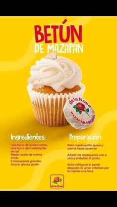 an advertisement for cupcakes with white frosting on top and the words betun de mazzaran written in spanish