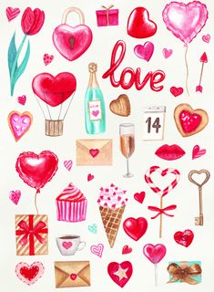 valentine's day watercolors on paper with hearts, gifts and other items