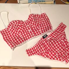 Purchased In Milan, Never Worn. Small Stain On Back Of Top (Pictured). Top: 15" P2p (With Adjustable Hooks Just Under And Inch) 6" Pit To Bottom Hem Bottoms: 14" Hips Girl’s Room, Lifestyle Brand, Lifestyle Brands, On Back, Lady In Red, Lace Detail, Women's Intimates, Gingham, Milan