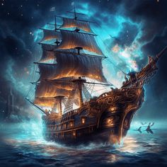 a painting of a pirate ship in the ocean