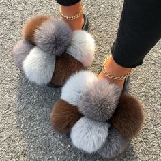 Real Farm Fox Racc00n Fur Slippers Pom Pom Fur Slides Flip Flops Women's Sandals | eBay Cozy Slippers, Bratz Inspired Outfits, Womens Sandals Summer