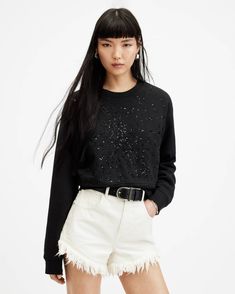 Shatter Separo Embellished Sweatshirt Black | ALLSAINTS US Allsaints Long Sleeve Tops For Spring, Cropped Sequin Top For Fall, Sequined Cropped Top For Fall, Allsaints Cotton Tops For Fall, Embellished Casual Sweatshirt For Fall, Embellished Casual Fall Sweatshirt, Casual Embellished Fall Sweatshirt, Allsaints Relaxed Fit Long Sleeve Tops, Allsaints Long Sleeve Relaxed Fit Tops