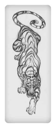 a black and white drawing of a tiger with its tail curled up in the air