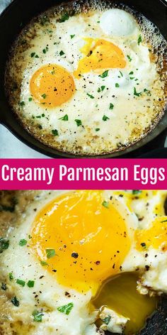 two fried eggs in a skillet with parmesan cheese