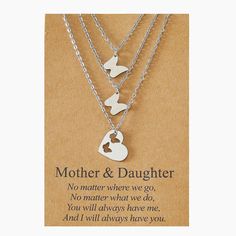 3 PC Mother Daughter Horse Pony Necklace Set 18"-20" Stainless Steel The Gift of Jewelry...Always the Right Choice! The Gift of Jewelry...Always the Right Choice! Click image to enlarge Description ~Stainless Steel Mother & Daughters Butterfly Necklace Set~ ~(2) 3/8" Butterfly Charm Pendant Necklaces~ ~(1) 3/4" Butterfly Charm Pendant Necklace~ ~18" Cable Chain w/ 2" Extension~ ~Secure Lobster Claw Clasps~ ~Presented on Sentiment Card in Organza Gift Pouch~ ~Perfect for Daughters' Mother's Day Gift~ ~General Cleaning Instructions: Wipe with Damp Cloth, Dry w/ Soft Cloth~Do Not Immerse in Water or Jewelry Cleaner~ ~Thank You for Viewing this Listing~ ~Please Look at All My Listings~ ~Please Read Entire Listing Including Terms of Sale Below Prior to Purchase or Bid~   Payment Payments are du Good Gifts For Couples, Butterfly Cutout, Family Holiday Gifts, Mother Daughters, Mother Daughter Bracelets, Amanda Lee, Mother Daughter Relationships, Mother Daughter Necklace, Friendship Necklace