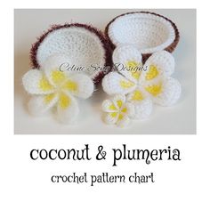 two crocheted coconuts with flowers on them and the words coconut & plumeria written