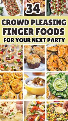 Collage of  appetizers and party food recipes. Work Party Finger Foods, Easy Crowd Appetizers, Party Bites Ideas, Veggie Finger Foods Appetizers, Book Club Appetizers Simple, Potluck Finger Foods Simple, Cold Food For Party, Crockpot Appetizers Finger Foods, Bite Size Appetizers Finger Foods