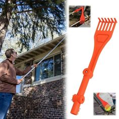 a man is using an orange brush to clean the windows and trim a brick house