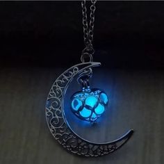 Moonstone Decor Hollow Moon Pendant Necklace Luminous Pendant Glows Sky Blue Adjustable Blue Luminous Jewelry, Adjustable Luminous Blue Jewelry, Blue Mystical Necklace With Moon Charm, Blue Mystical Moon Charm Jewelry, Mystical Blue Moon Charm Jewelry, Magical Luminous Blue Jewelry, Blue Luminous Jewelry For Gifts, Blue Luminous Jewelry For Party, Luminous Blue Jewelry For Parties