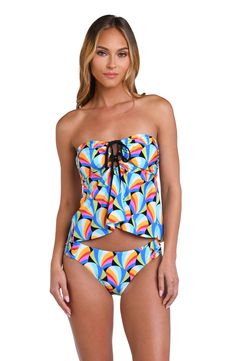 This bright print features a geometric pattern of colorful, interlocking crescent shapes creating a dynamic and playful appearance. Offering two looks in one glamorous design, this bandeau features an adjustable strap that ties around your neck for another look. Removable cups and a keyhole front ensure a comfortable and confident fit. [split] Details Bandeau tankini top Keyhole front Ties at neck Removable cups Adjustable, convertible straps Fabric 83% Nylon, 17% Lycra Elastane Multicolor Fitted Bandeau Tube Top, Fitted Multicolor Bandeau Tube Top, Multicolor Bandeau Tube Top For Vacation, Retro Multicolor Printed Swimwear, Trendy Multicolor Bandeau Tube Top, Trendy Multicolor Tube Top, Multicolor Bandeau Swimwear For Spring, Multicolor Tube Top For Poolside, Multicolor Bandeau Tube Top For Poolside