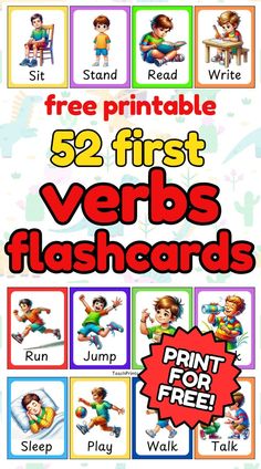 Get your printable free verbs flashcards now! Perfect homeschool, kindergarten and pre-k literacy learning resources totally free! Verb Flashcards, Freebies Printable, Cursive Letters Worksheet, Verbs Activities, Multiplication Flashcards, Shapes Flashcards, Shape Tracing Worksheets, Name Tracing Worksheets, Number Flashcards