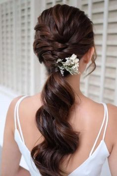 Braid Into Ponytail With Floral Accessory Low Ponytail Wedding, Ponytail Wedding Hairstyles, Bridesmaid Ponytail, Ponytail Wedding, Wedding Ponytail Hairstyles, Wedding Ponytail, Hairstyles For Brides, Wedding Hairstyles Bride