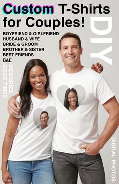 a man and woman standing next to each other wearing t - shirts that say, custom t - shirts for couples