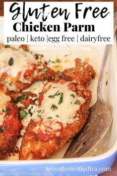 gluten free chicken parm in a blue casserole dish with a fork