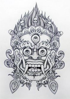 an ink drawing of a demon mask